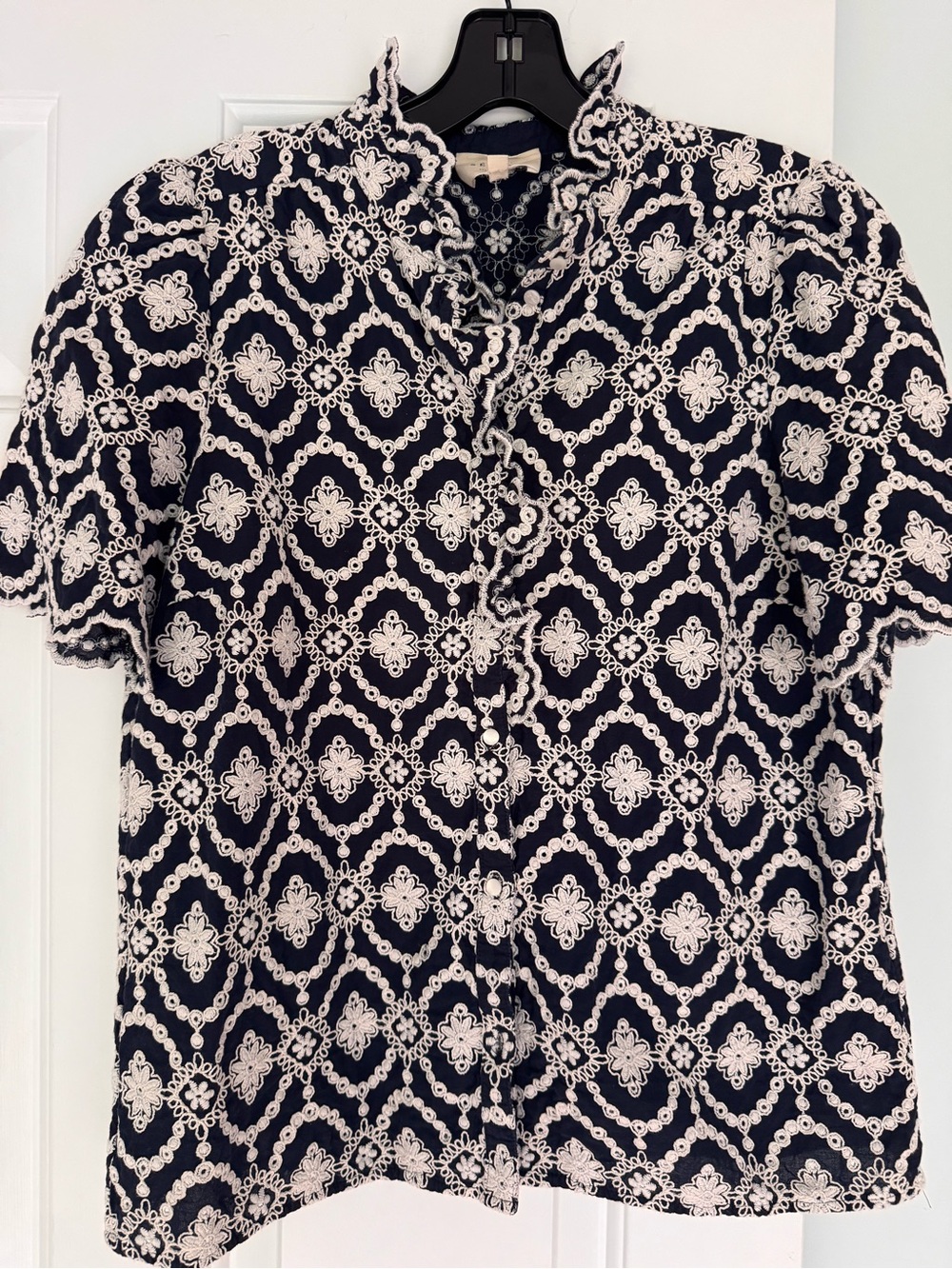 Sezane Navy and White Embroidered Button-Front Blouse